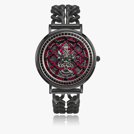 Jaycoh™ Black + Red Incrusted Rubys 736. Hollow Out Strap Quartz Watch | Print-on-Demand Custom Watch - front view | print on demand watch print custom watch