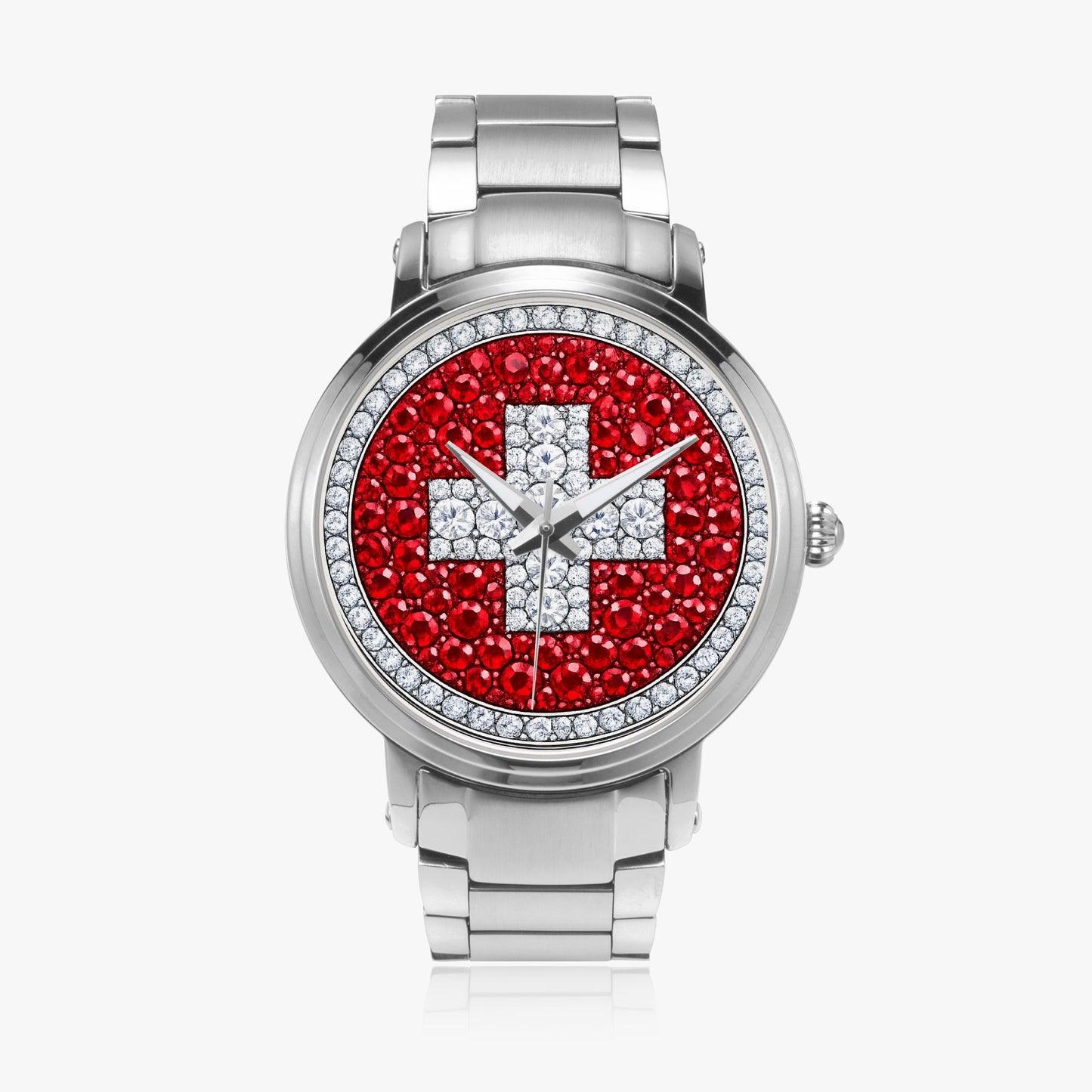Jaycoh™ Swiss Flag Incrusted Diamonds 212. New Steel Strap Automatic Watch | Print-on-Demand Custom Watch - front view | print on demand watch print custom watch