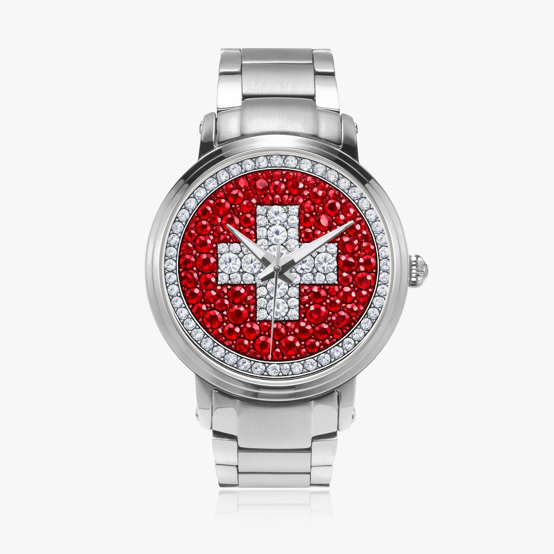 Jaycoh™ Swiss Flag Incrusted Diamonds 212. New Steel Strap Automatic Watch | Print-on-Demand Custom Watch - front view | print on demand watch print custom watch