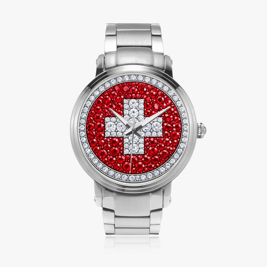 Jaycoh™ Swiss Flag Incrusted Diamonds 212. New Steel Strap Automatic Watch | Print-on-Demand Custom Watch - front view | print on demand watch print custom watch