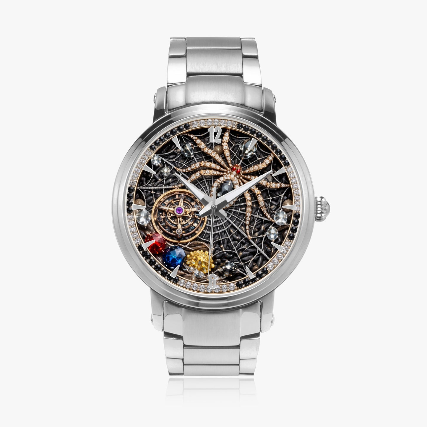 Jaycoh™ Spyder Web Assorted Incrusted Diamonds 213. New Steel Strap Automatic Watch (With Indicators) | Print-on-Demand Custom Watch - front view | print on demand watch print custom watch