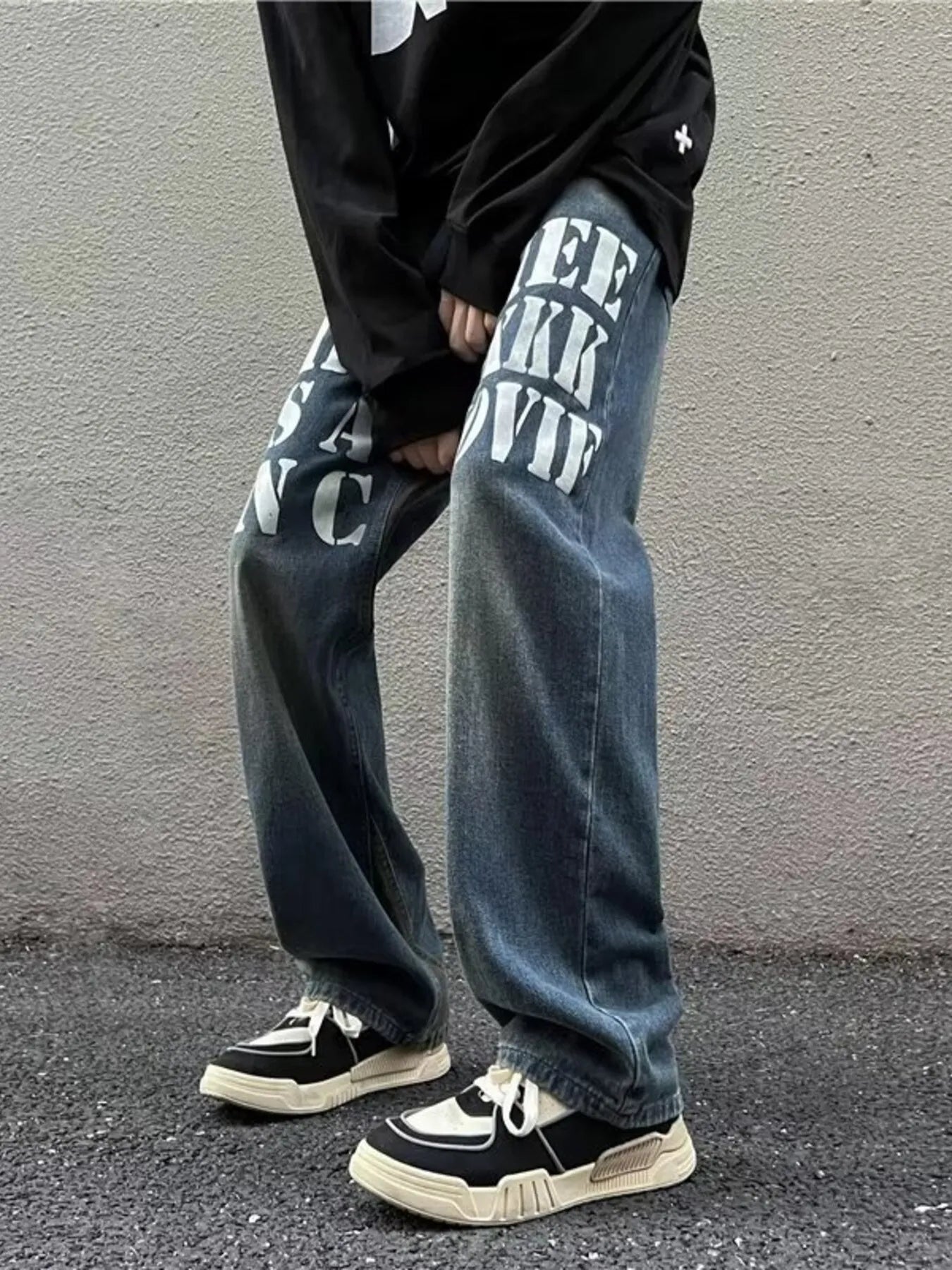 1268 Men's Full Size Letter Graphic Wide Leg Jeans Plus Size – men's graphic jeans (back view)
