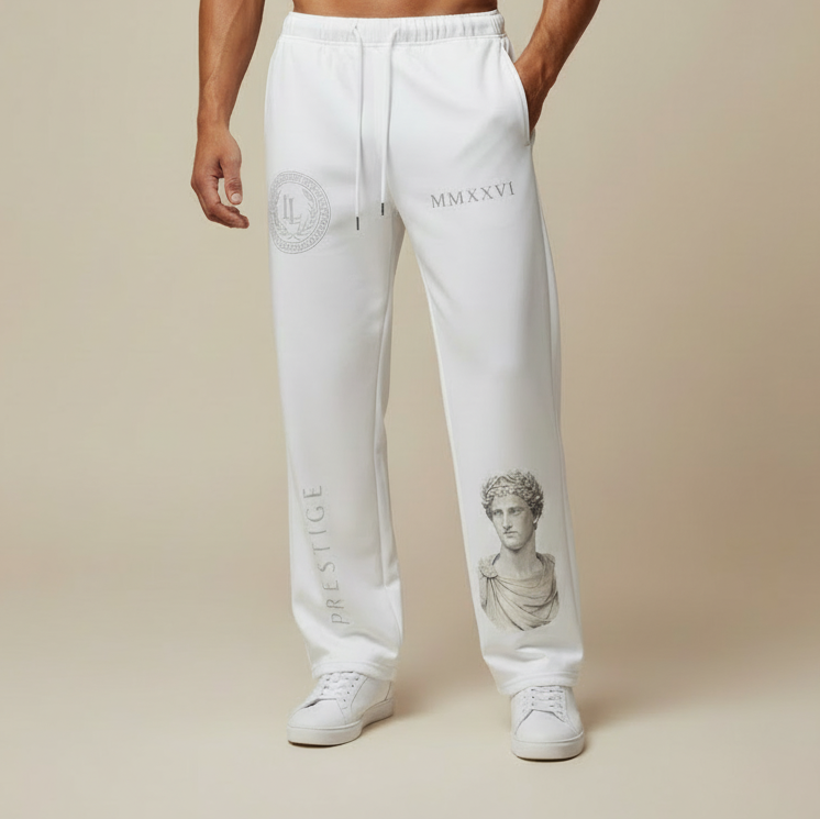 White sweatpants with graphic design and text on a beige background