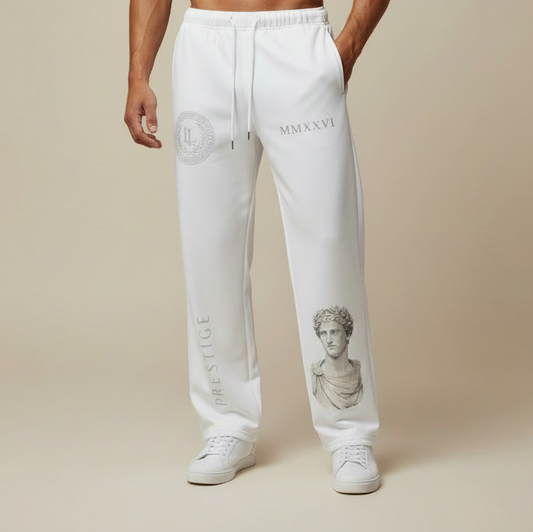 White sweatpants with graphic design and text on a beige background