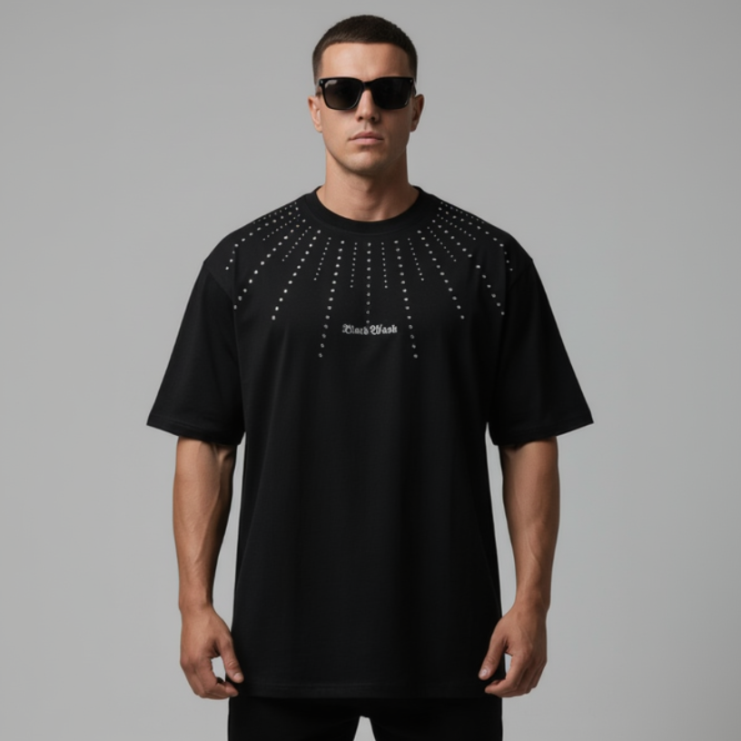 Men’s Starburst Rhinestone Oversized Streetwear T-Shirt - Black - Main image