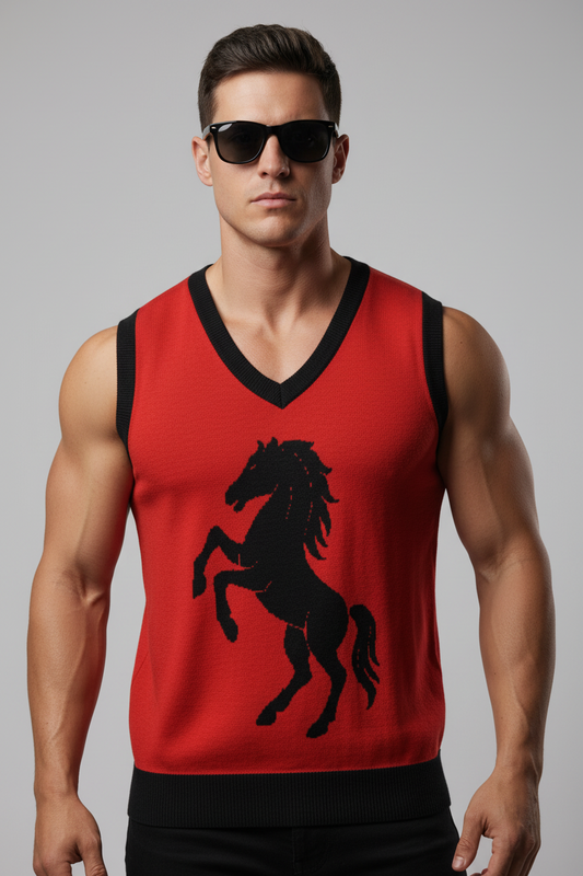 Wild Stallion Knit Vest – Red V-Neck Edition - Luis’s Locker