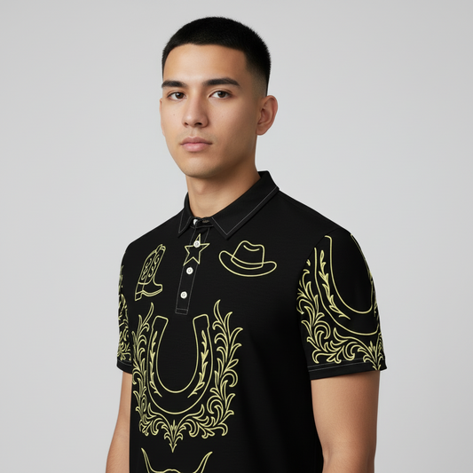 Untamed Western Symbols Polo – Black Gold Slim-Fit Edition - Luis’s Locker