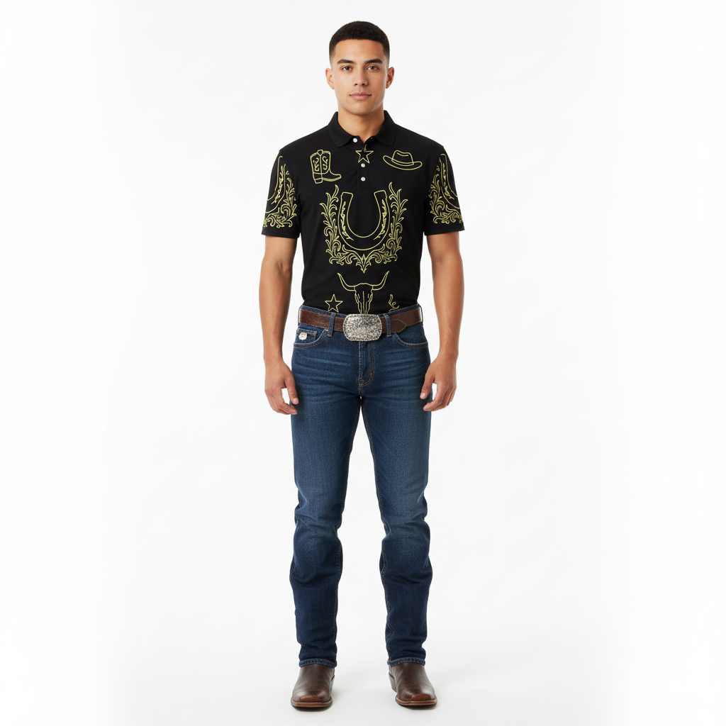 Untamed Western Symbols Polo – Black Gold Slim-Fit Edition - Luis’s Locker