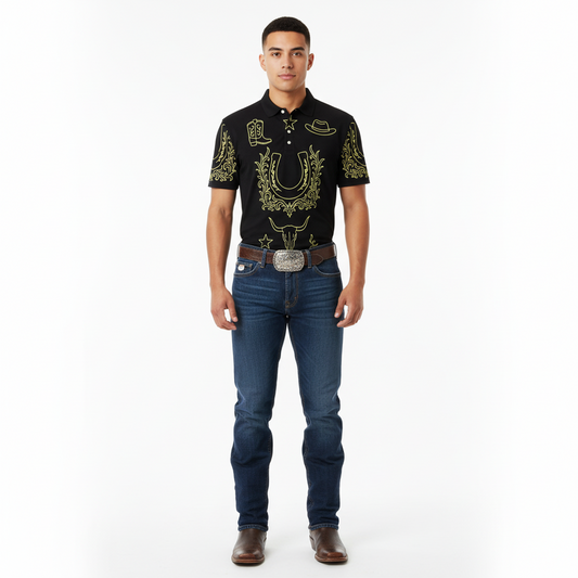 Untamed Western Symbols Polo – Black Gold Slim-Fit Edition - Luis’s Locker