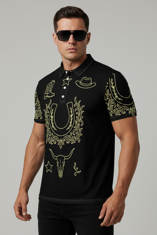 Untamed Western Symbols Polo – Black Gold Slim-Fit Edition