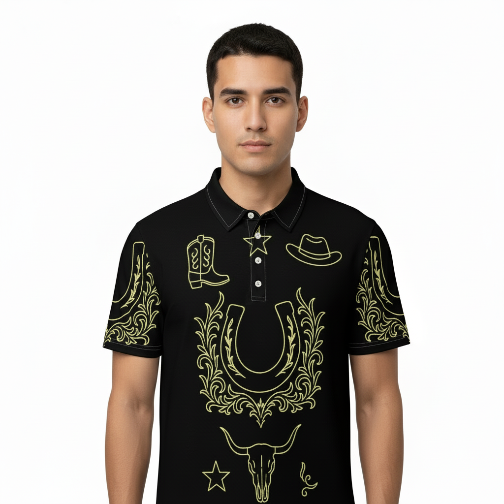 Untamed Western Symbols Polo – Black Gold Slim-Fit Edition - Luis’s Locker