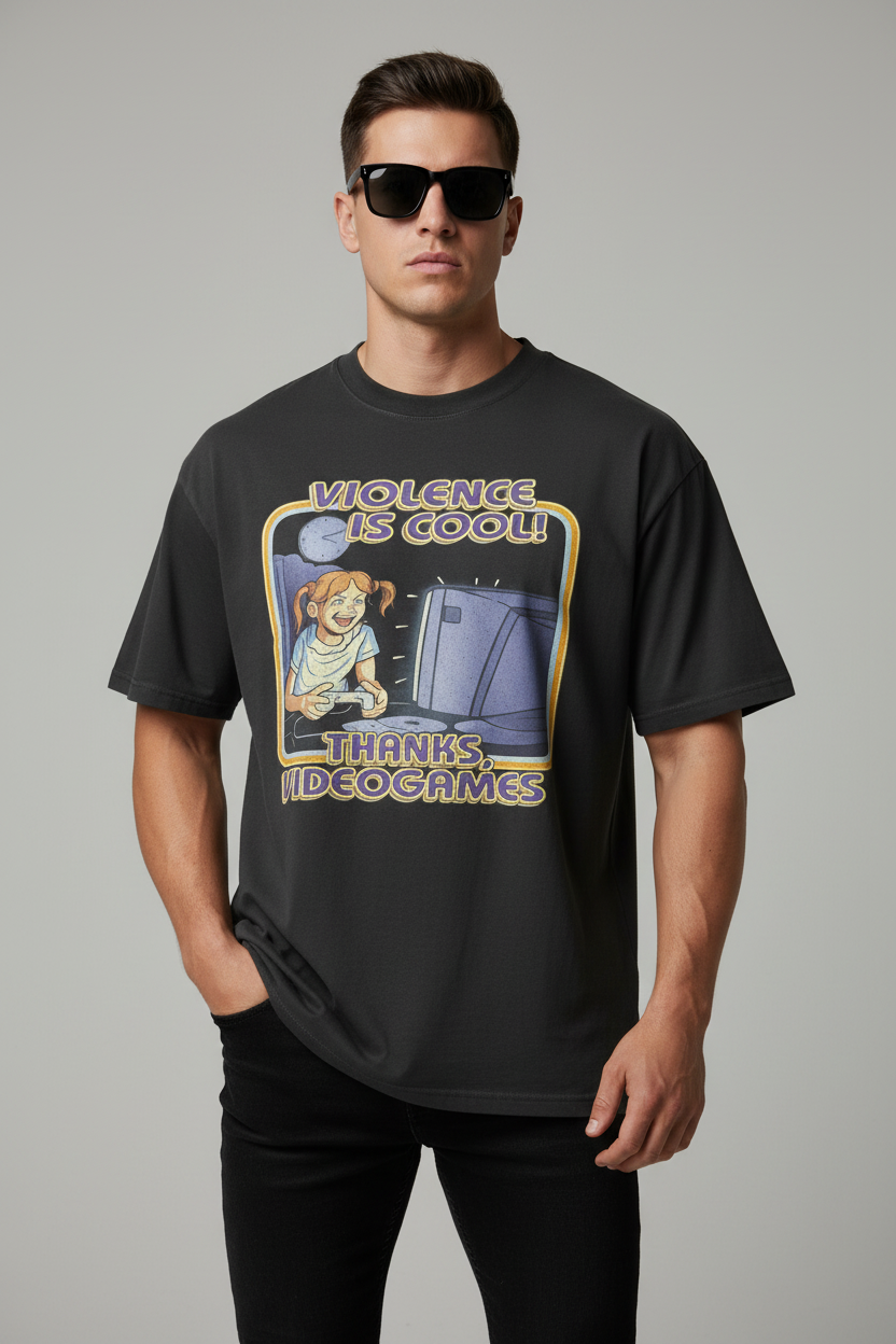 Cal’s Violence is Cool Thanks Video Games Oversized faded t-shirt GTA VI Merch – Front View
